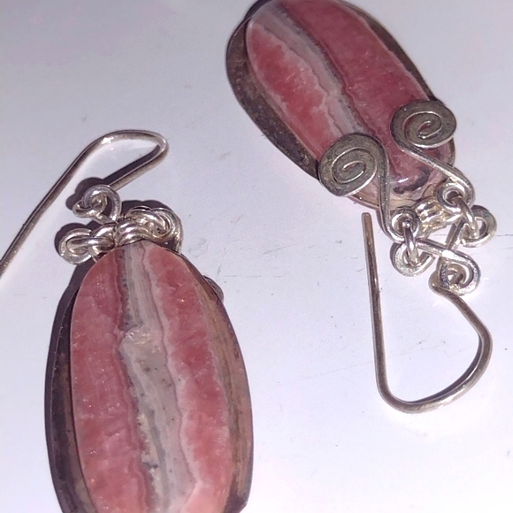 Rhodochrosite Long French Drop Earrings with Embel - Picture 4 of 5